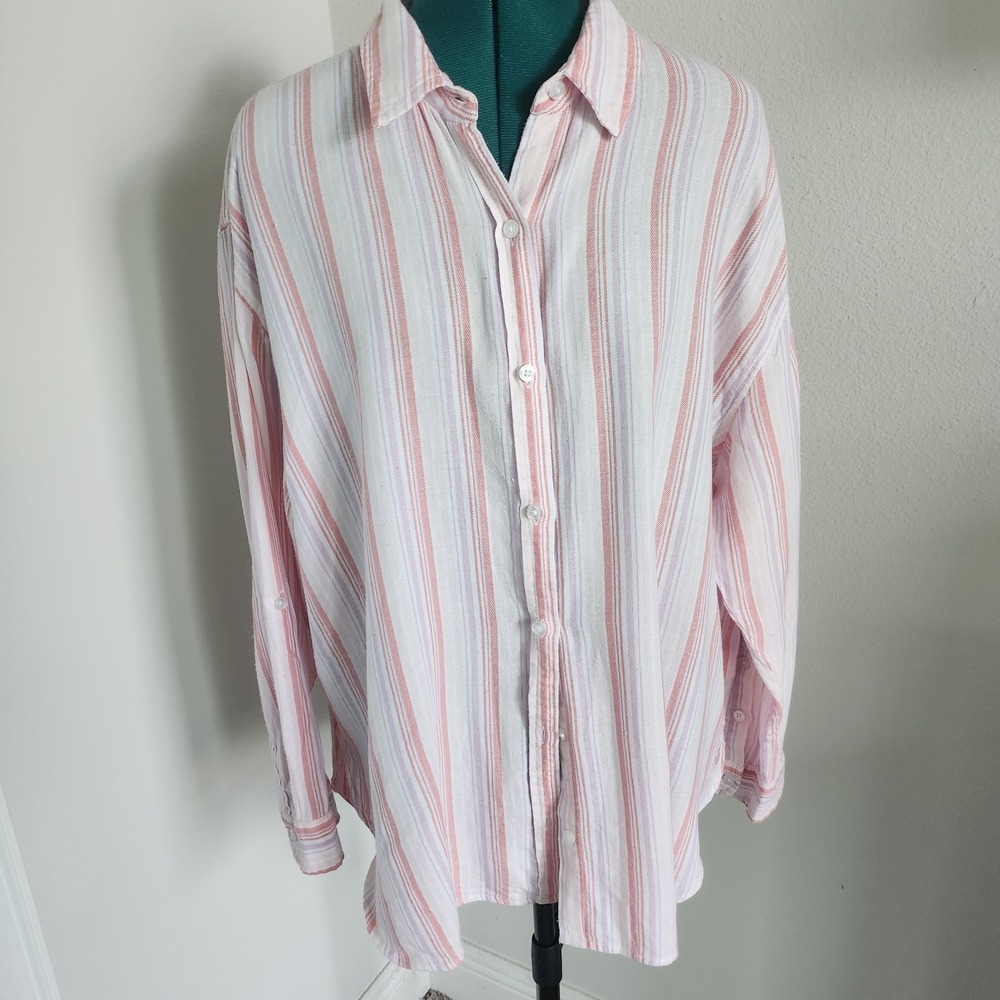 VTG Gloria Vanderbilt Womens Button Up Shirt Sz XL Coral Lilac Vertical Stripes